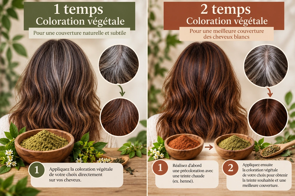 Coloration végétale cheveux blancs en un temps ou deux temps
