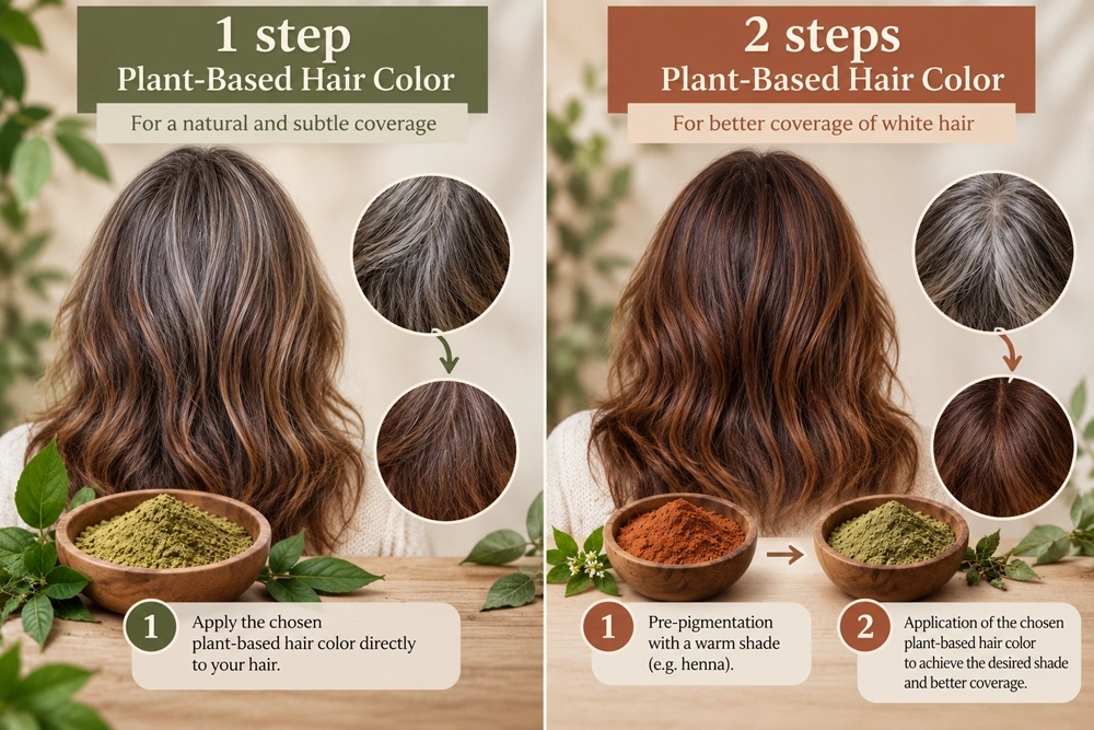 One-step and two-step plant-based hair color for grey hair